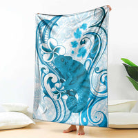 Cyan And White Hawaii Chameleon Blanket Plumeria Polynesian Tribal Art