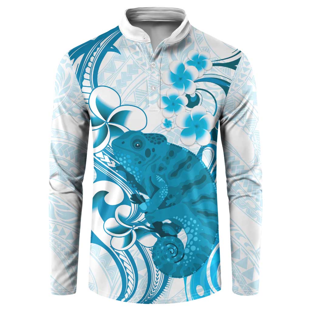 Cyan And White Hawaii Chameleon Button Sweatshirt Plumeria Polynesian Tribal Art LT14 Cyan - Polynesian Pride