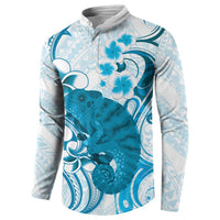 Cyan And White Hawaii Chameleon Button Sweatshirt Plumeria Polynesian Tribal Art LT14 - Polynesian Pride