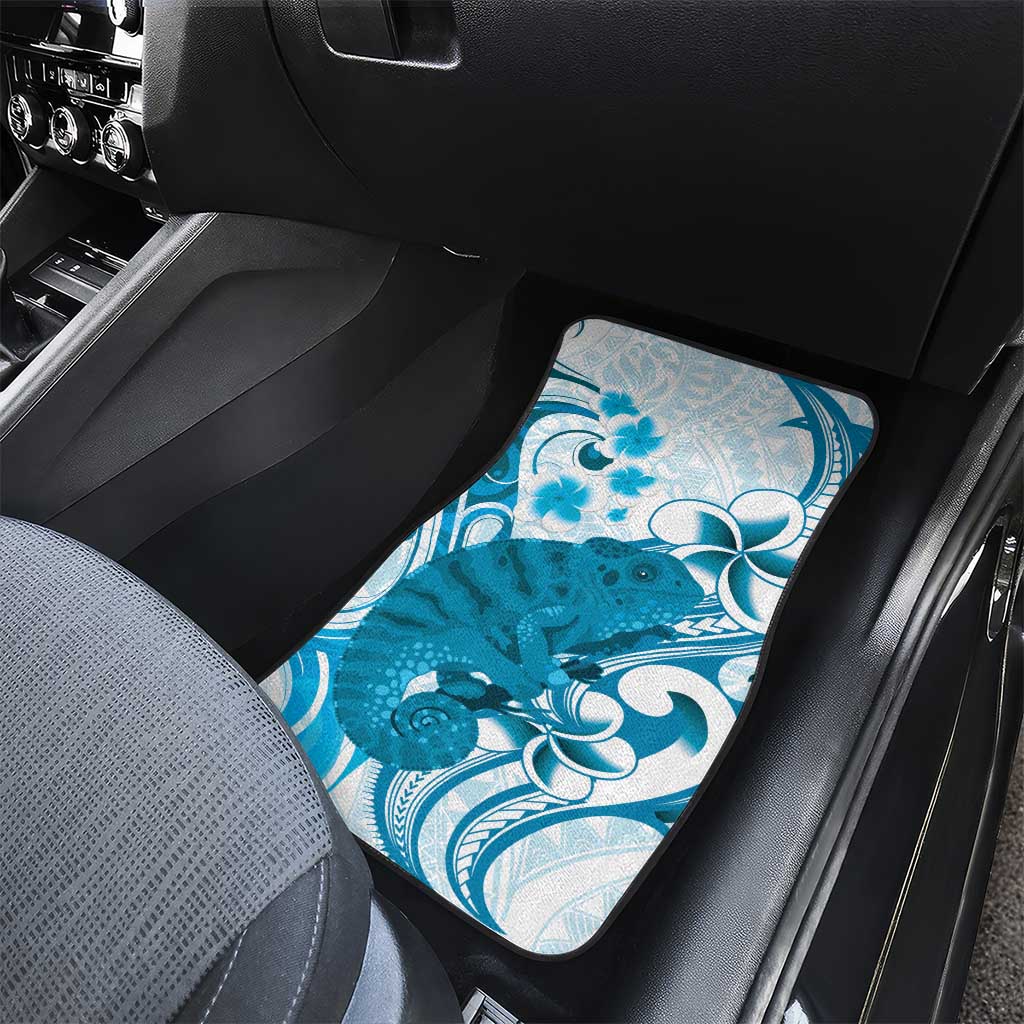 Cyan And White Hawaii Chameleon Car Mats Plumeria Polynesian Tribal Art