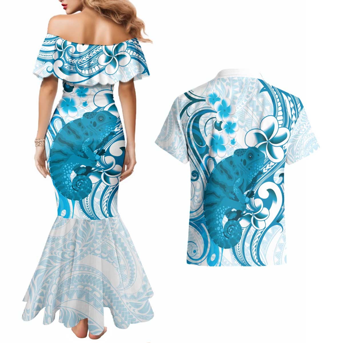 Cyan And White Hawaii Chameleon Couples Matching Mermaid Dress and Hawaiian Shirt Plumeria Polynesian Tribal Art