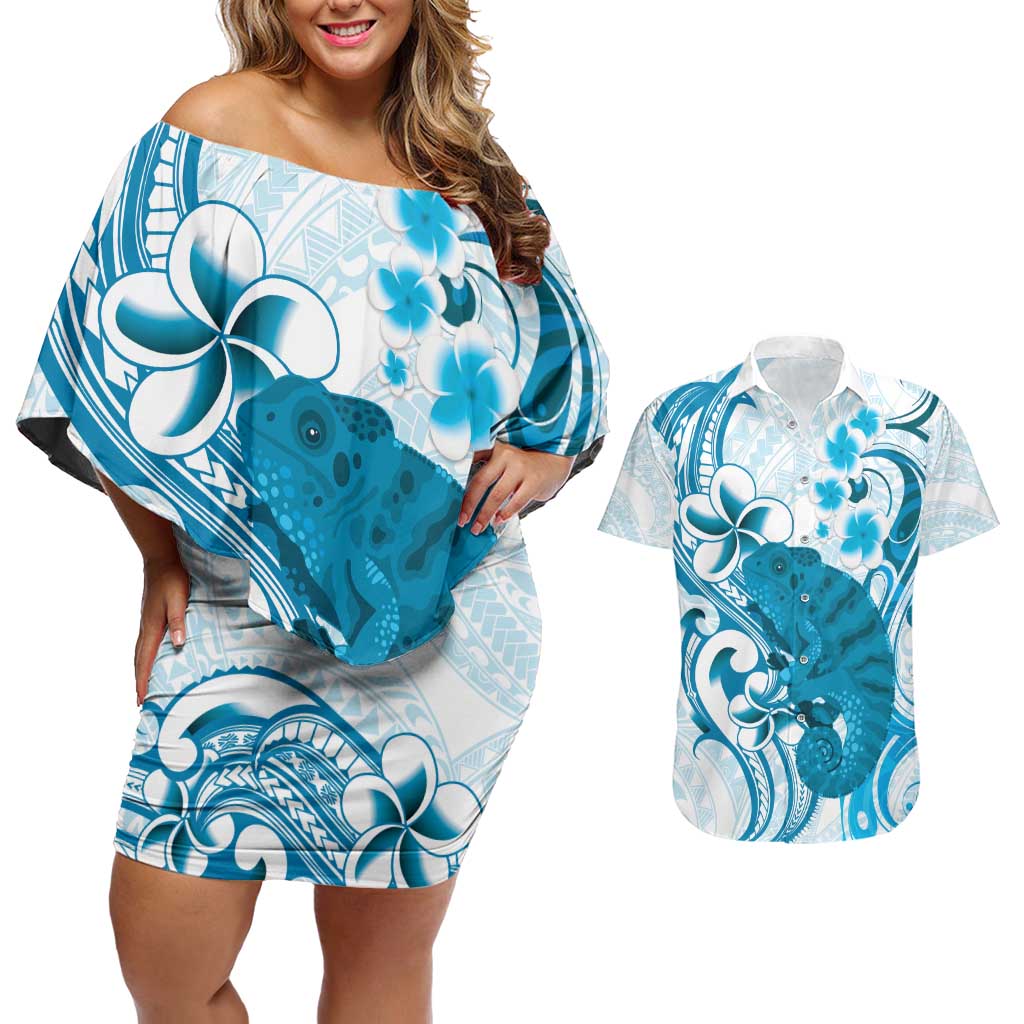 Cyan And White Hawaii Chameleon Couples Matching Off Shoulder Short Dress and Hawaiian Shirt Plumeria Polynesian Tribal Art LT14 Cyan - Polynesian Pride