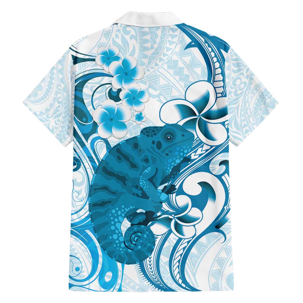 Cyan And White Hawaii Chameleon Family Matching Long Sleeve Bodycon Dress and Hawaiian Shirt Plumeria Polynesian Tribal Art