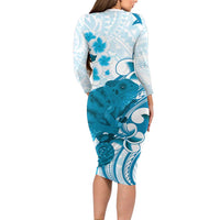 Cyan And White Hawaii Chameleon Family Matching Long Sleeve Bodycon Dress and Hawaiian Shirt Plumeria Polynesian Tribal Art