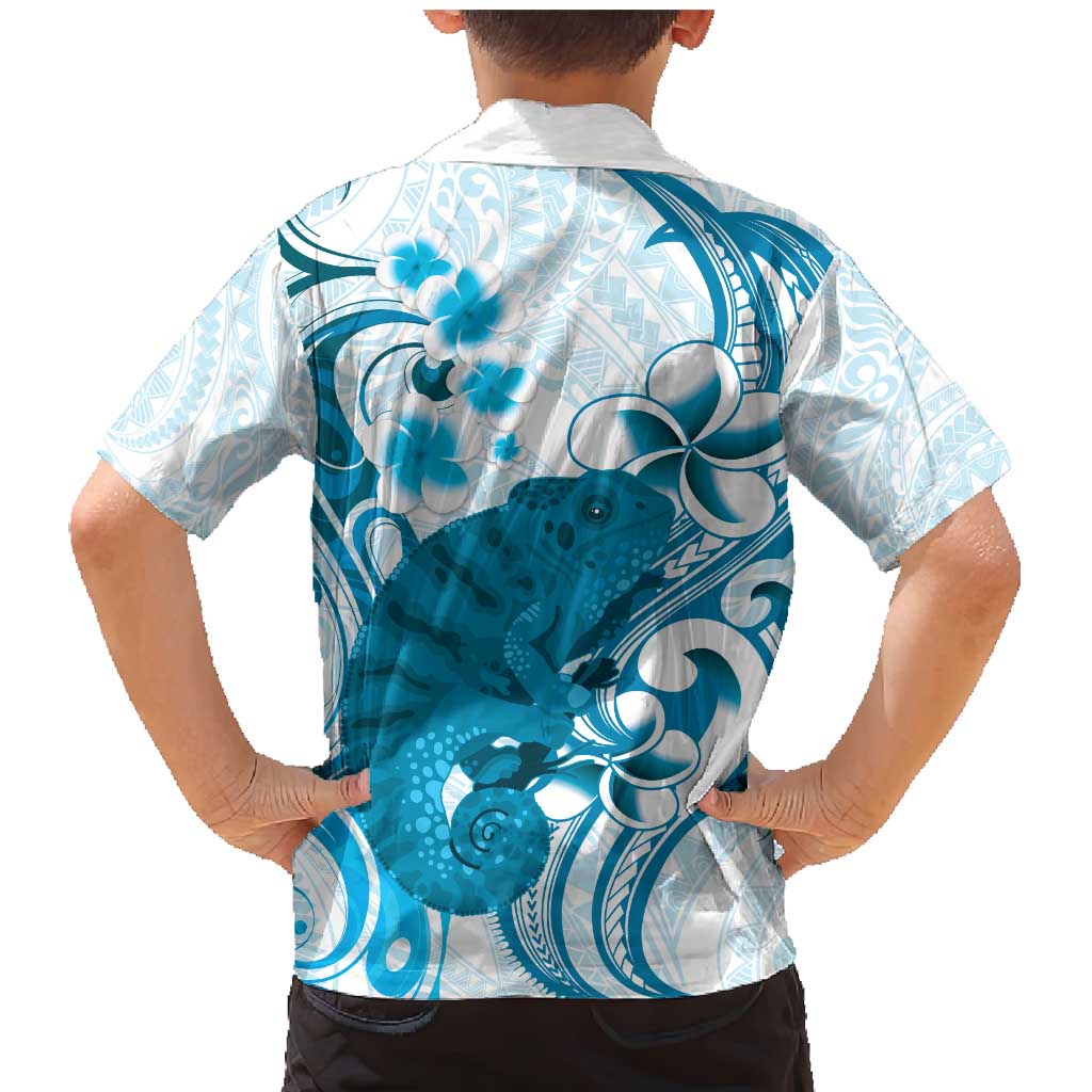 Cyan And White Hawaii Chameleon Family Matching Mermaid Dress and Hawaiian Shirt Plumeria Polynesian Tribal Art
