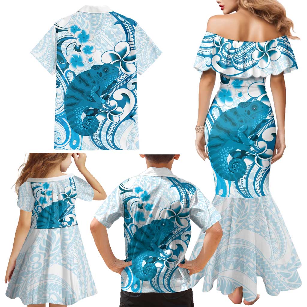 Cyan And White Hawaii Chameleon Family Matching Mermaid Dress and Hawaiian Shirt Plumeria Polynesian Tribal Art