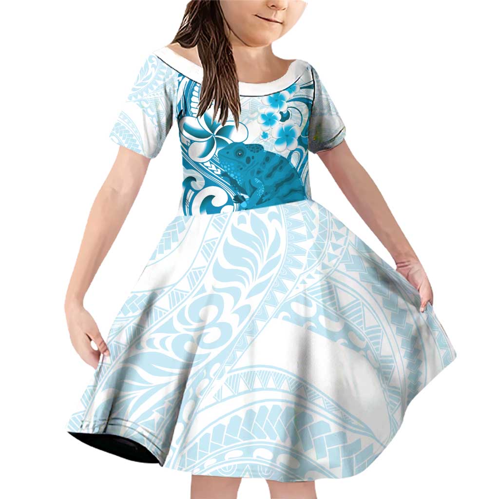 Cyan And White Hawaii Chameleon Family Matching Off Shoulder Short Dress and Hawaiian Shirt Plumeria Polynesian Tribal Art