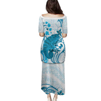 Cyan And White Hawaii Chameleon Family Matching Puletasi and Hawaiian Shirt Plumeria Polynesian Tribal Art