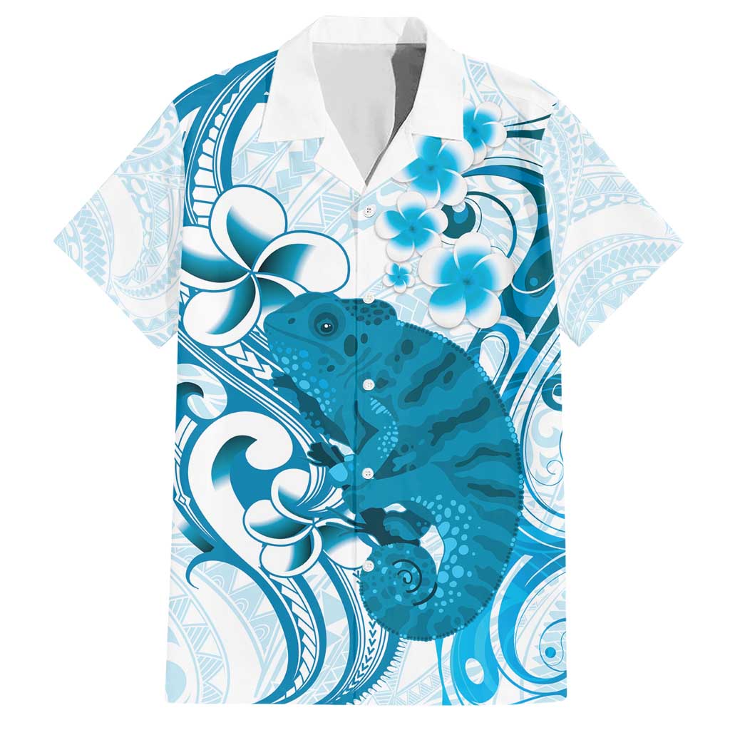Cyan And White Hawaii Chameleon Family Matching Short Sleeve Bodycon Dress and Hawaiian Shirt Plumeria Polynesian Tribal Art