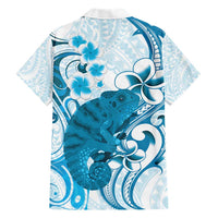 Cyan And White Hawaii Chameleon Family Matching Short Sleeve Bodycon Dress and Hawaiian Shirt Plumeria Polynesian Tribal Art