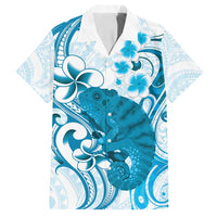 Cyan And White Hawaii Chameleon Family Matching Summer Maxi Dress and Hawaiian Shirt Plumeria Polynesian Tribal Art