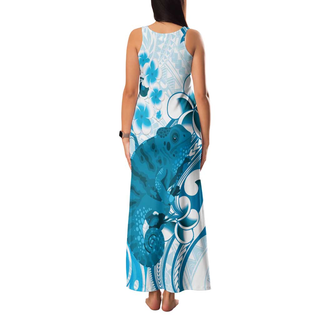 Cyan And White Hawaii Chameleon Family Matching Tank Maxi Dress and Hawaiian Shirt Plumeria Polynesian Tribal Art