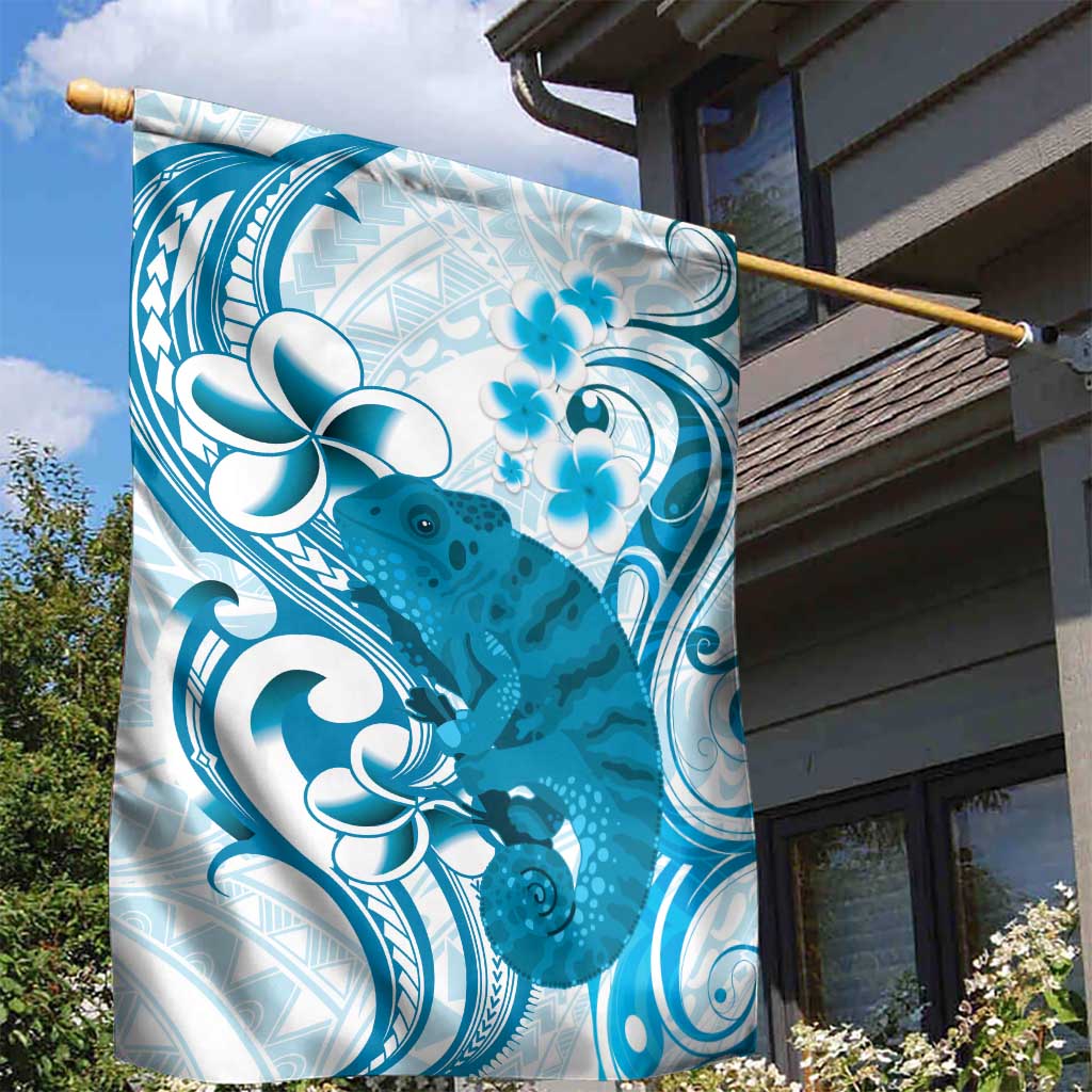 Cyan And White Hawaii Chameleon Garden Flag Plumeria Polynesian Tribal Art