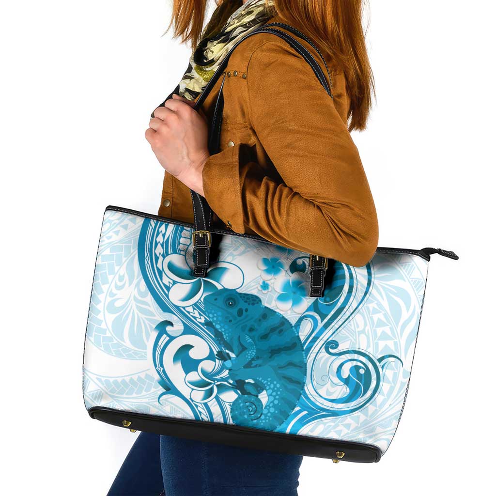 Cyan And White Hawaii Chameleon Leather Tote Bag Plumeria Polynesian Tribal Art LT14 Cyan - Polynesian Pride