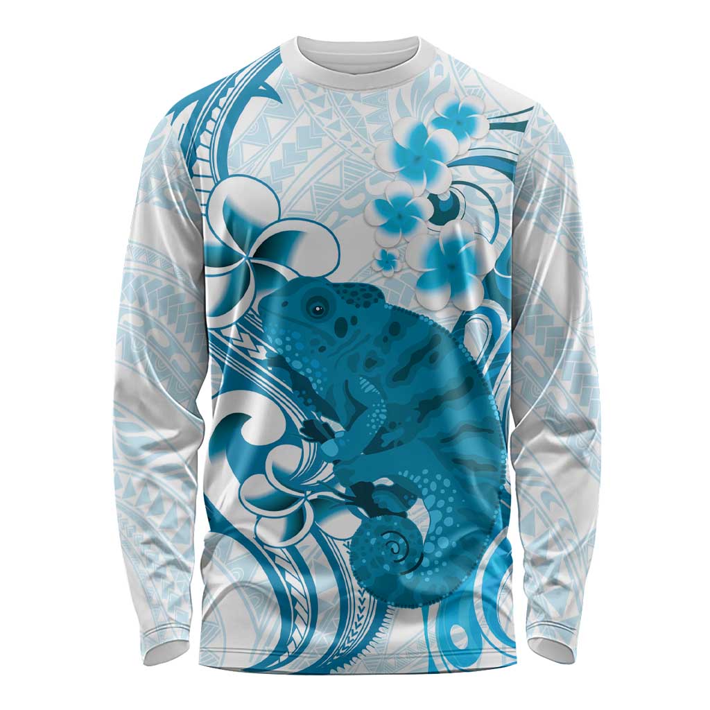 Cyan And White Hawaii Chameleon Long Sleeve Shirt Plumeria Polynesian Tribal Art LT14 Unisex Cyan - Polynesian Pride