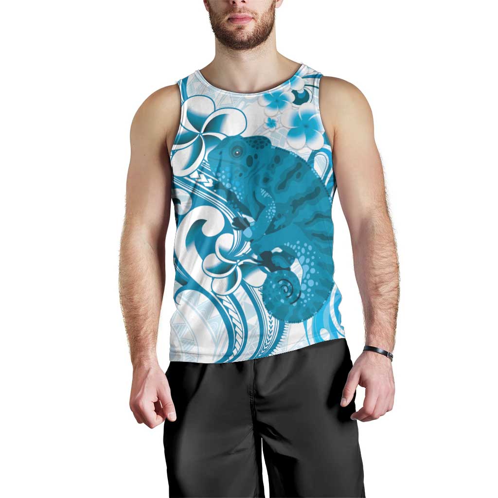 Cyan And White Hawaii Chameleon Men Tank Top Plumeria Polynesian Tribal Art