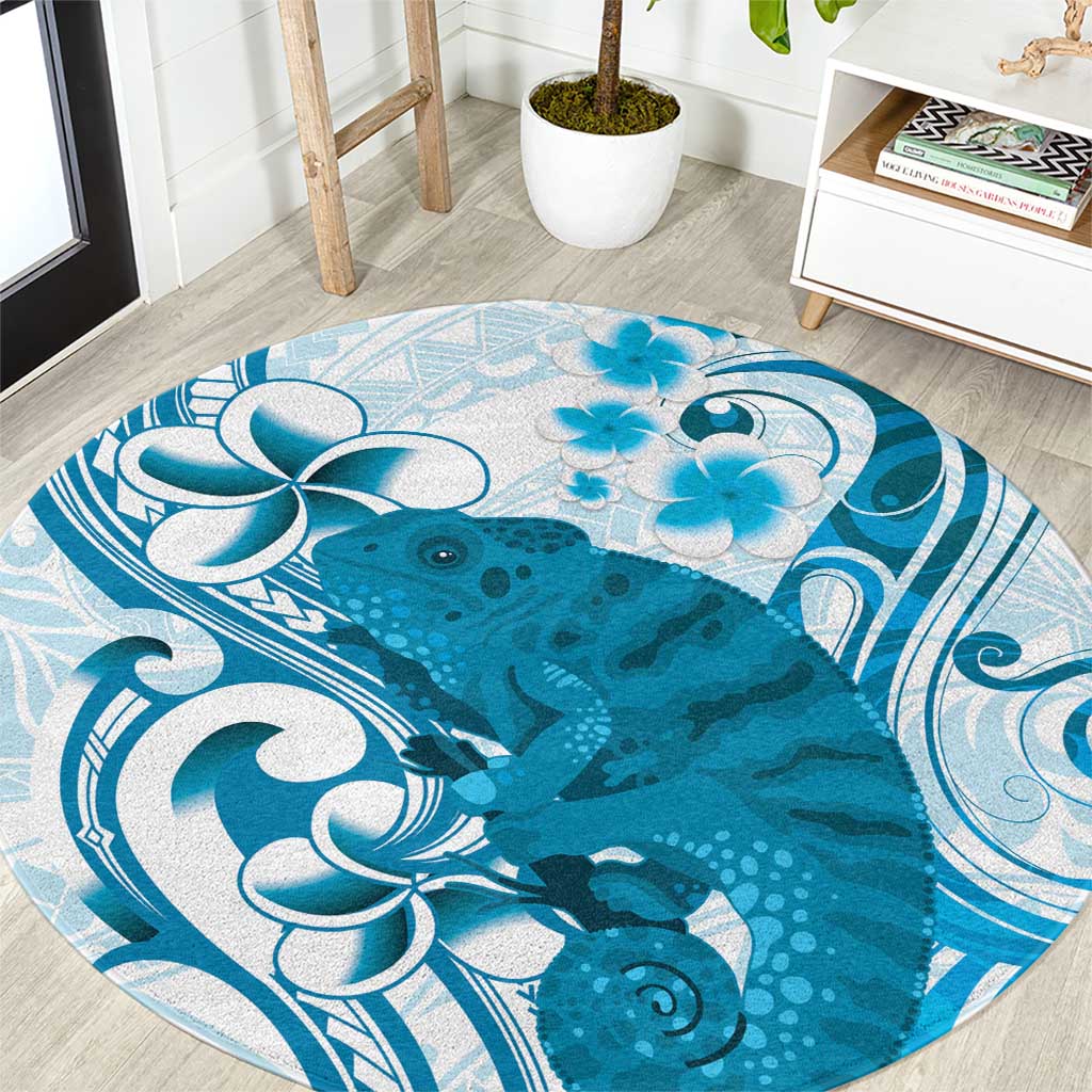 Cyan And White Hawaii Chameleon Round Carpet Plumeria Polynesian Tribal Art LT14 Cyan - Polynesian Pride