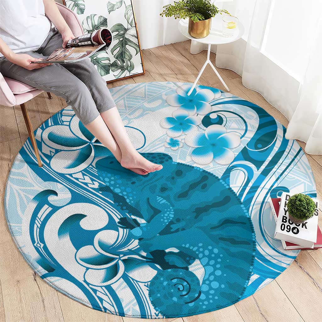 Cyan And White Hawaii Chameleon Round Carpet Plumeria Polynesian Tribal Art LT14 - Polynesian Pride