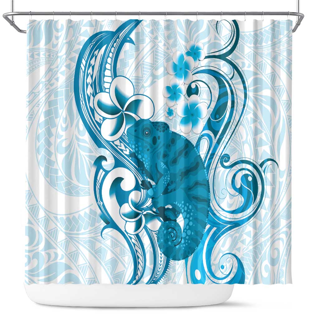 Cyan And White Hawaii Chameleon Shower Curtain Plumeria Polynesian Tribal Art LT14 Cyan - Polynesian Pride