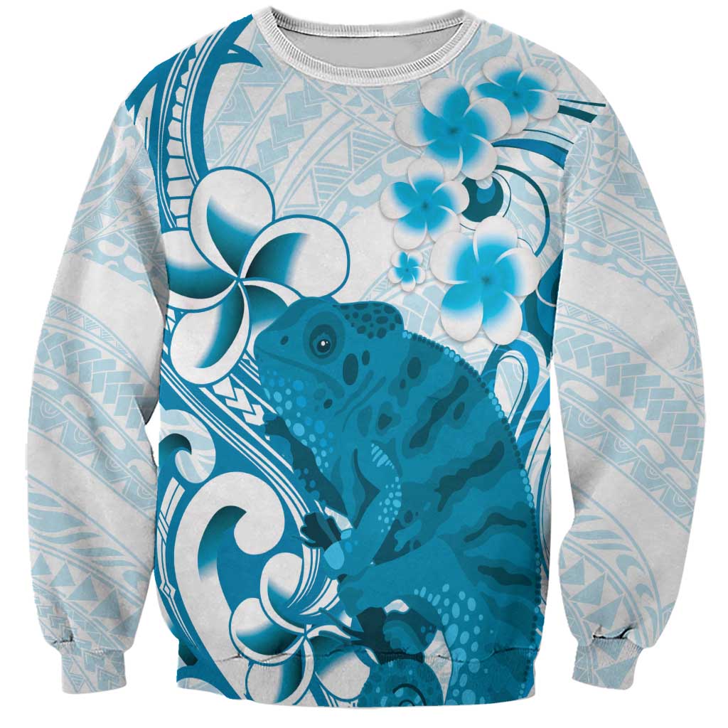 Cyan And White Hawaii Chameleon Sweatshirt Plumeria Polynesian Tribal Art LT14 Unisex Cyan - Polynesian Pride