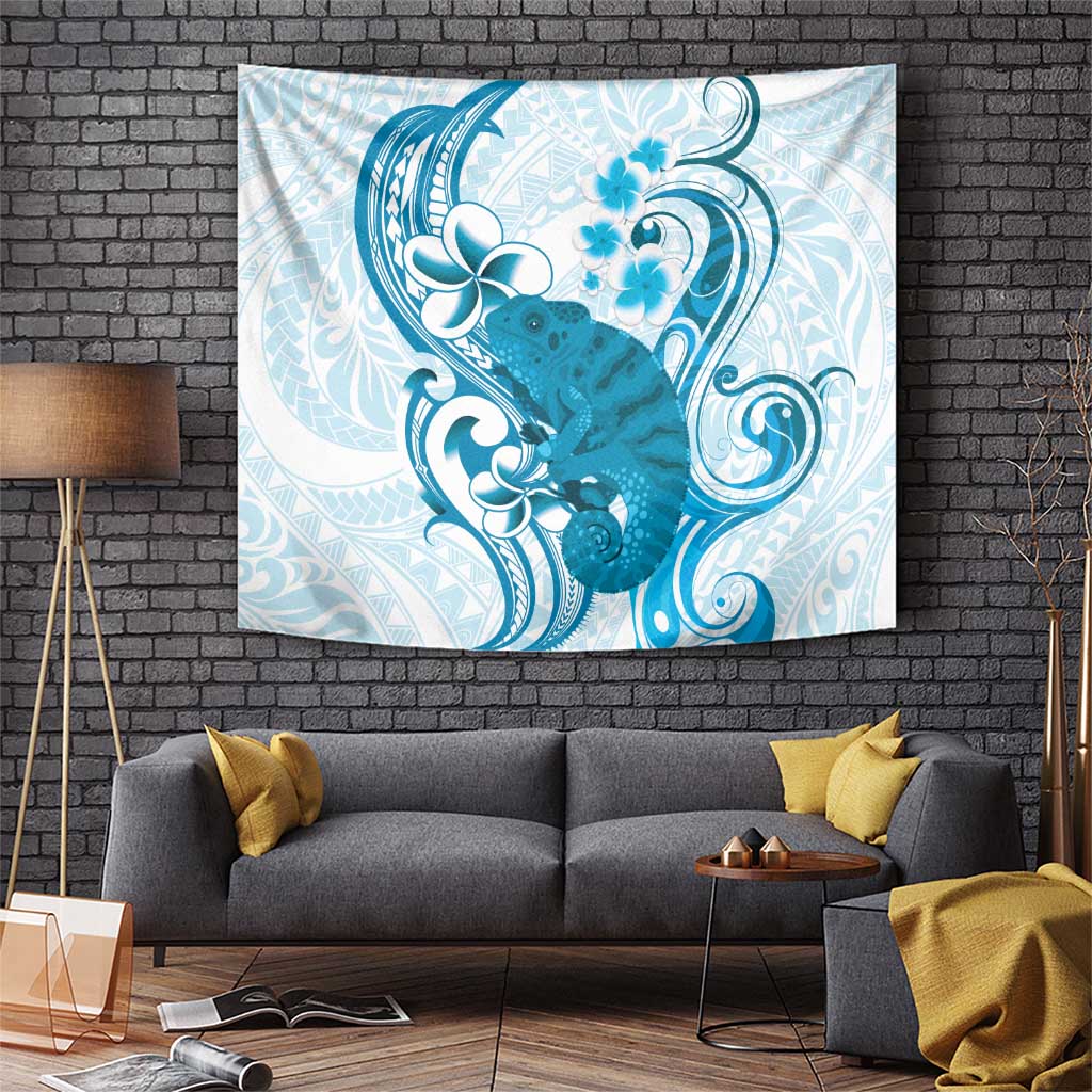 Cyan And White Hawaii Chameleon Tapestry Plumeria Polynesian Tribal Art LT14 Cyan - Polynesian Pride