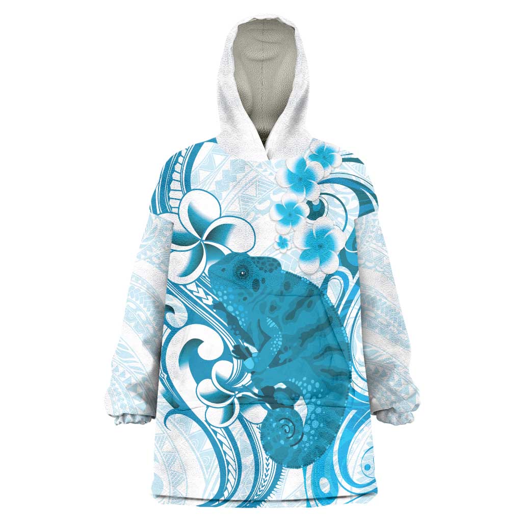 Cyan And White Hawaii Chameleon Wearable Blanket Hoodie Plumeria Polynesian Tribal Art LT14 One Size Cyan - Polynesian Pride