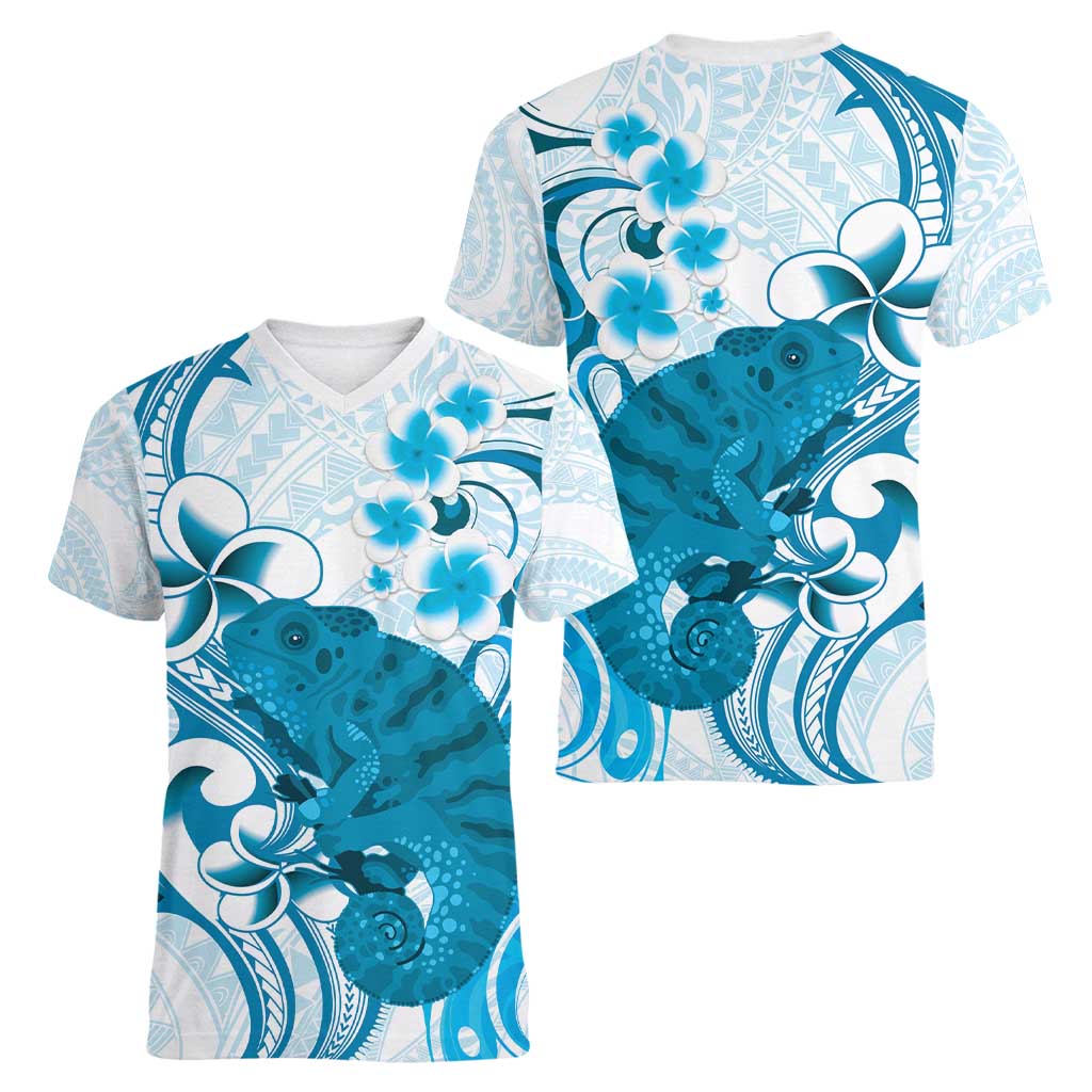 Cyan And White Hawaii Chameleon Women V-Neck T-Shirt Plumeria Polynesian Tribal Art