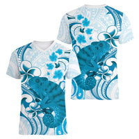Cyan And White Hawaii Chameleon Women V-Neck T-Shirt Plumeria Polynesian Tribal Art