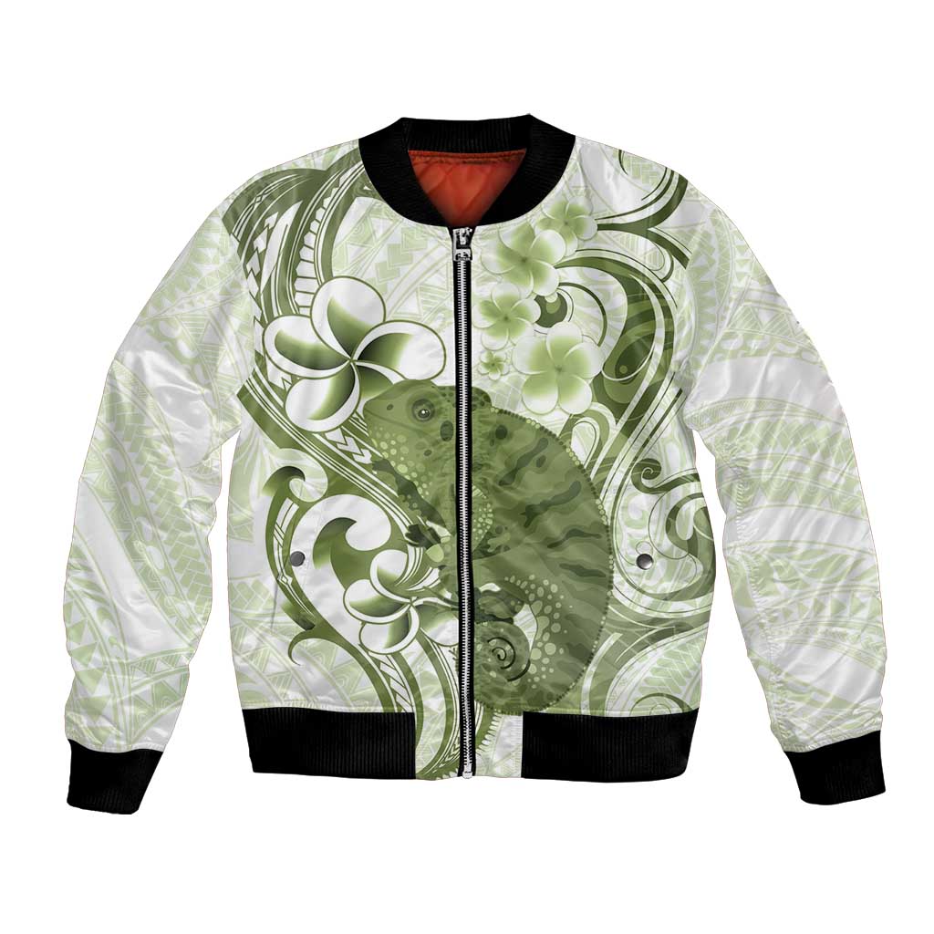 Green And White Hawaii Chameleon Bomber Jacket Plumeria Polynesian Tribal Art LT14 Unisex Lime Green - Polynesian Pride