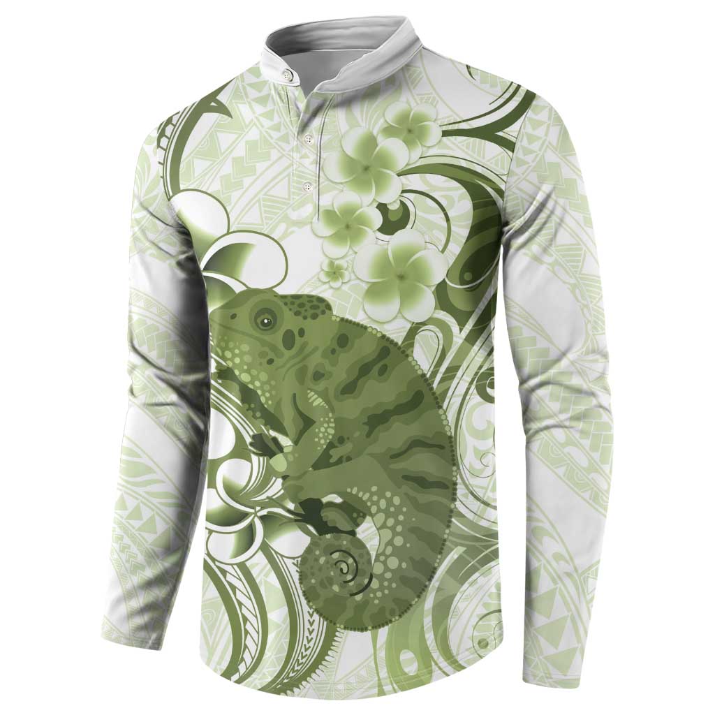 Green And White Hawaii Chameleon Button Sweatshirt Plumeria Polynesian Tribal Art