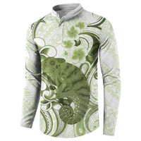 Green And White Hawaii Chameleon Button Sweatshirt Plumeria Polynesian Tribal Art