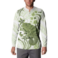 Green And White Hawaii Chameleon Button Sweatshirt Plumeria Polynesian Tribal Art