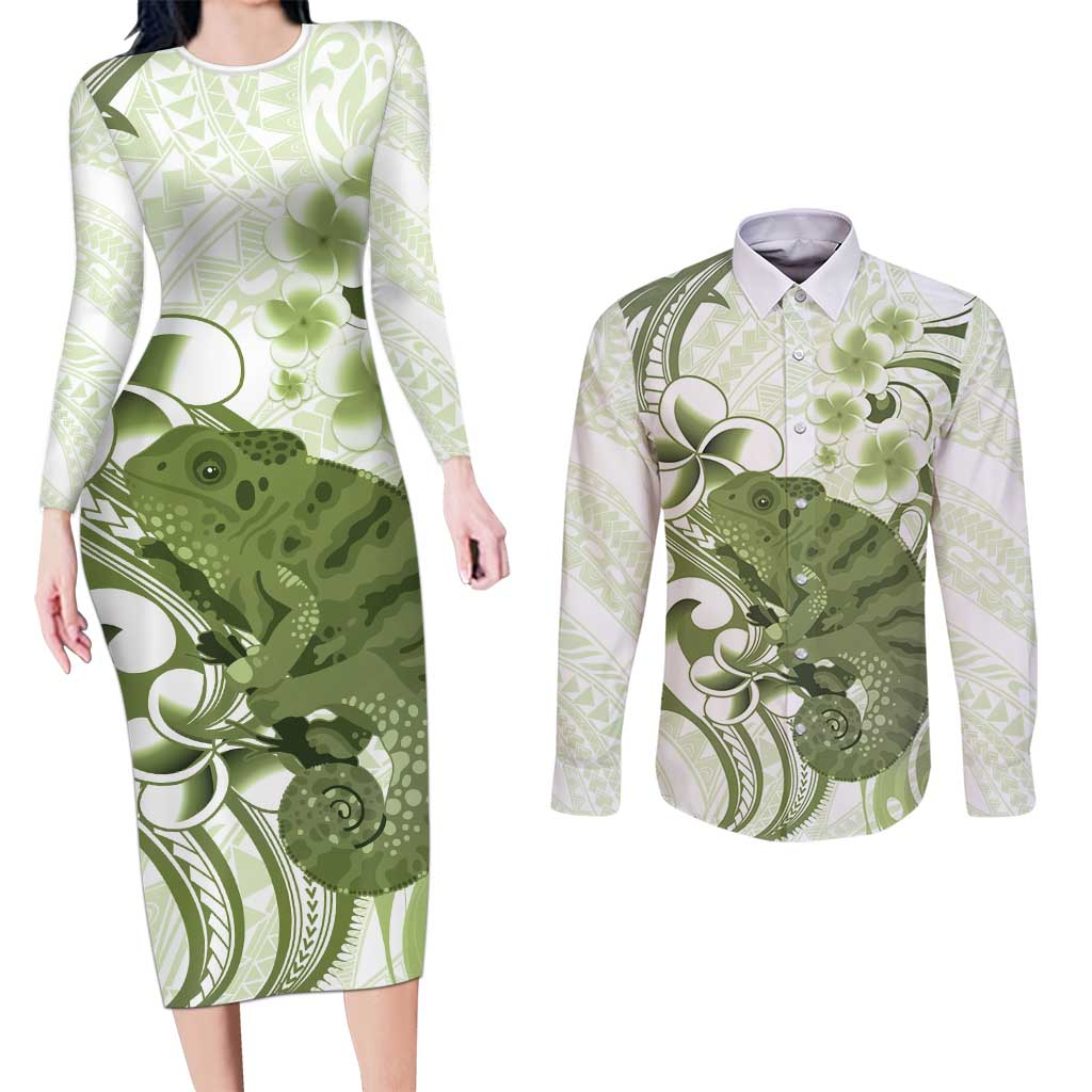 Green And White Hawaii Chameleon Couples Matching Long Sleeve Bodycon Dress and Long Sleeve Button Shirt Plumeria Polynesian Tribal Art LT14 Lime Green - Polynesian Pride