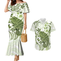 Green And White Hawaii Chameleon Couples Matching Mermaid Dress and Hawaiian Shirt Plumeria Polynesian Tribal Art