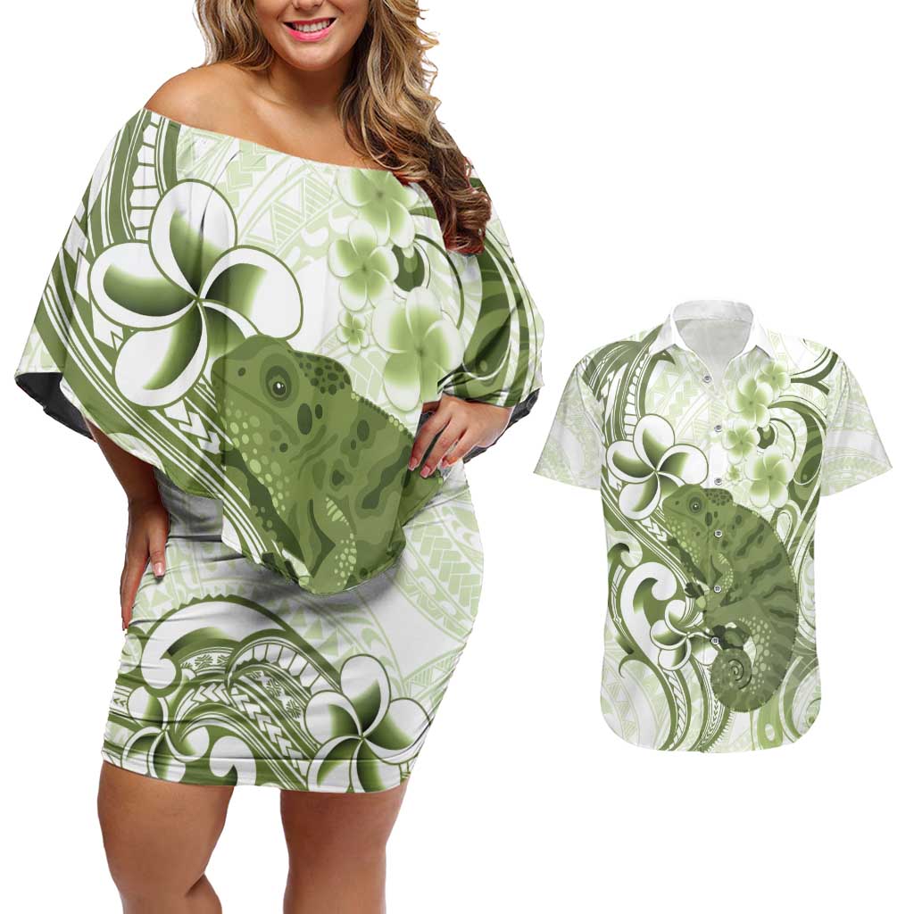 Green And White Hawaii Chameleon Couples Matching Off Shoulder Short Dress and Hawaiian Shirt Plumeria Polynesian Tribal Art LT14 Lime Green - Polynesian Pride