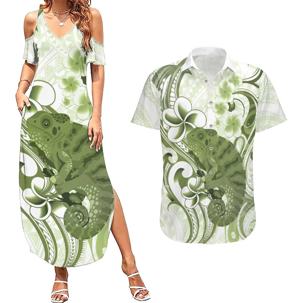 Green And White Hawaii Chameleon Couples Matching Summer Maxi Dress and Hawaiian Shirt Plumeria Polynesian Tribal Art LT14 Lime Green - Polynesian Pride
