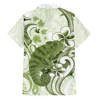 Green And White Hawaii Chameleon Family Matching Long Sleeve Bodycon Dress and Hawaiian Shirt Plumeria Polynesian Tribal Art