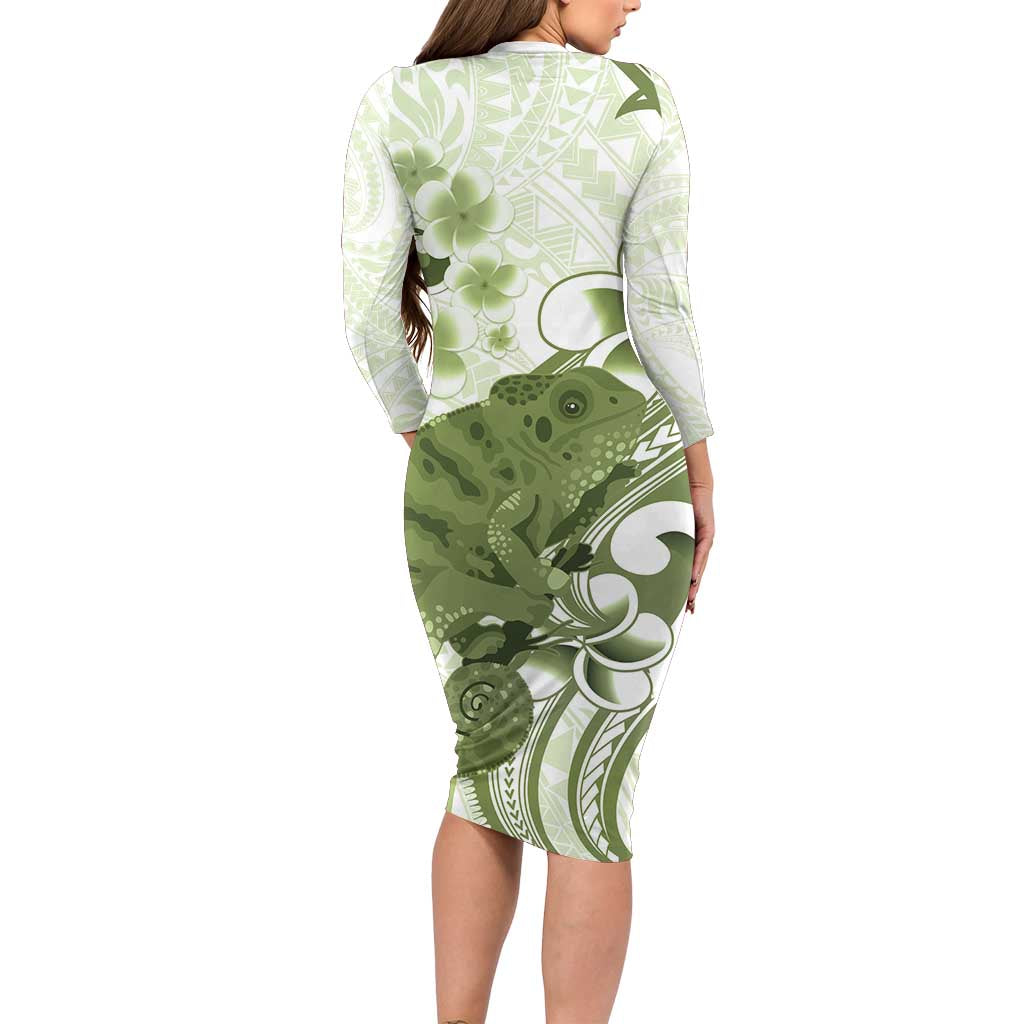 Green And White Hawaii Chameleon Family Matching Long Sleeve Bodycon Dress and Hawaiian Shirt Plumeria Polynesian Tribal Art