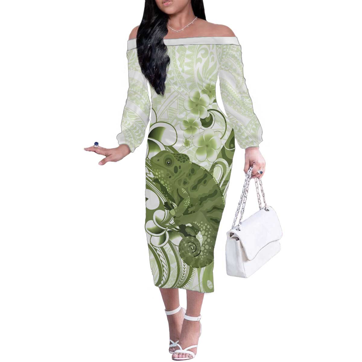 Green And White Hawaii Chameleon Family Matching Off The Shoulder Long Sleeve Dress and Hawaiian Shirt Plumeria Polynesian Tribal Art