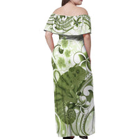 Green And White Hawaii Chameleon Family Matching Off Shoulder Maxi Dress and Hawaiian Shirt Plumeria Polynesian Tribal Art