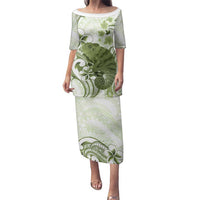 Green And White Hawaii Chameleon Family Matching Puletasi and Hawaiian Shirt Plumeria Polynesian Tribal Art