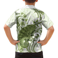 Green And White Hawaii Chameleon Family Matching Tank Maxi Dress and Hawaiian Shirt Plumeria Polynesian Tribal Art