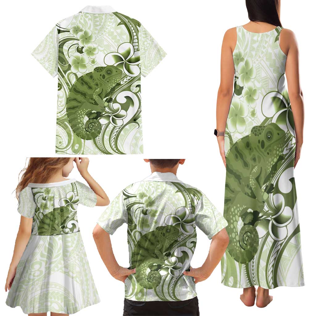 Green And White Hawaii Chameleon Family Matching Tank Maxi Dress and Hawaiian Shirt Plumeria Polynesian Tribal Art