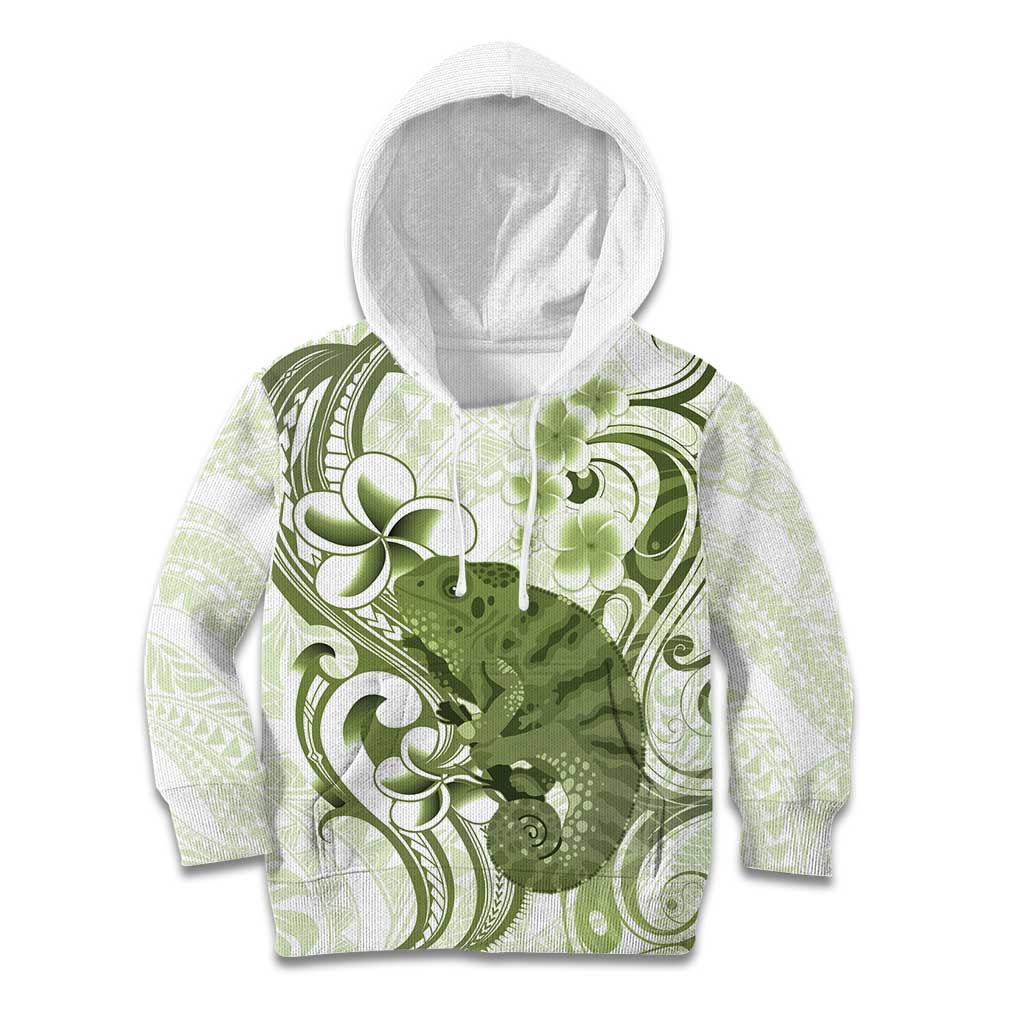 Green And White Hawaii Chameleon Kid Hoodie Plumeria Polynesian Tribal Art LT14 Hoodie Lime Green - Polynesian Pride