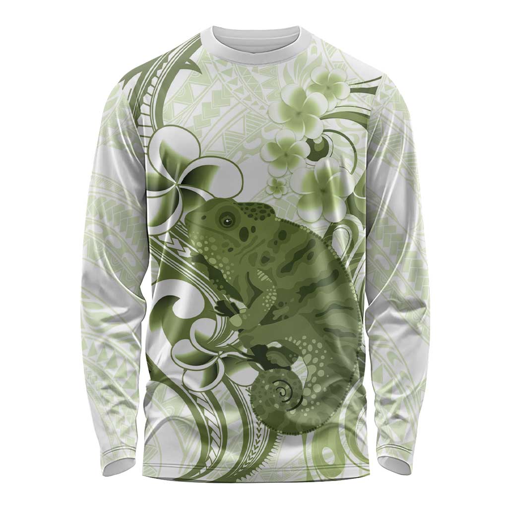 Green And White Hawaii Chameleon Long Sleeve Shirt Plumeria Polynesian Tribal Art LT14 Unisex Lime Green - Polynesian Pride