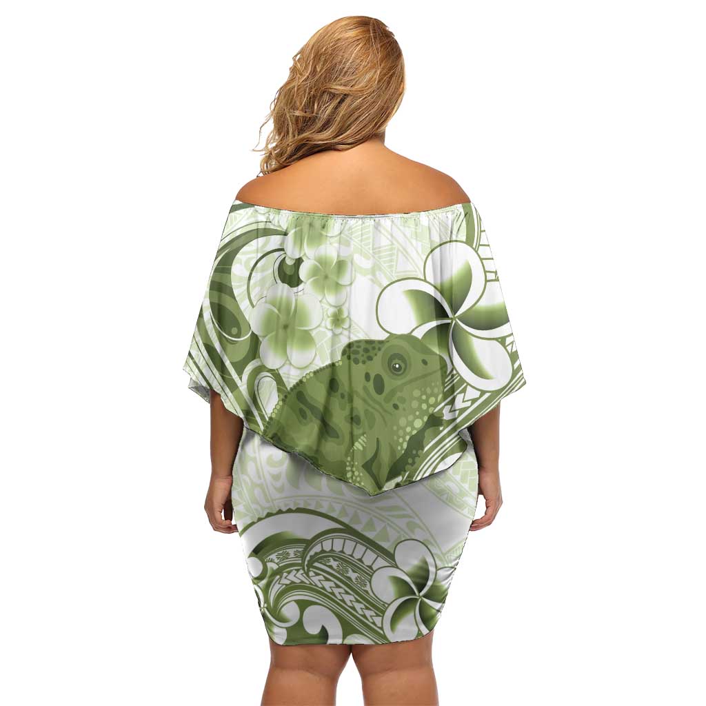 Green And White Hawaii Chameleon Off Shoulder Short Dress Plumeria Polynesian Tribal Art