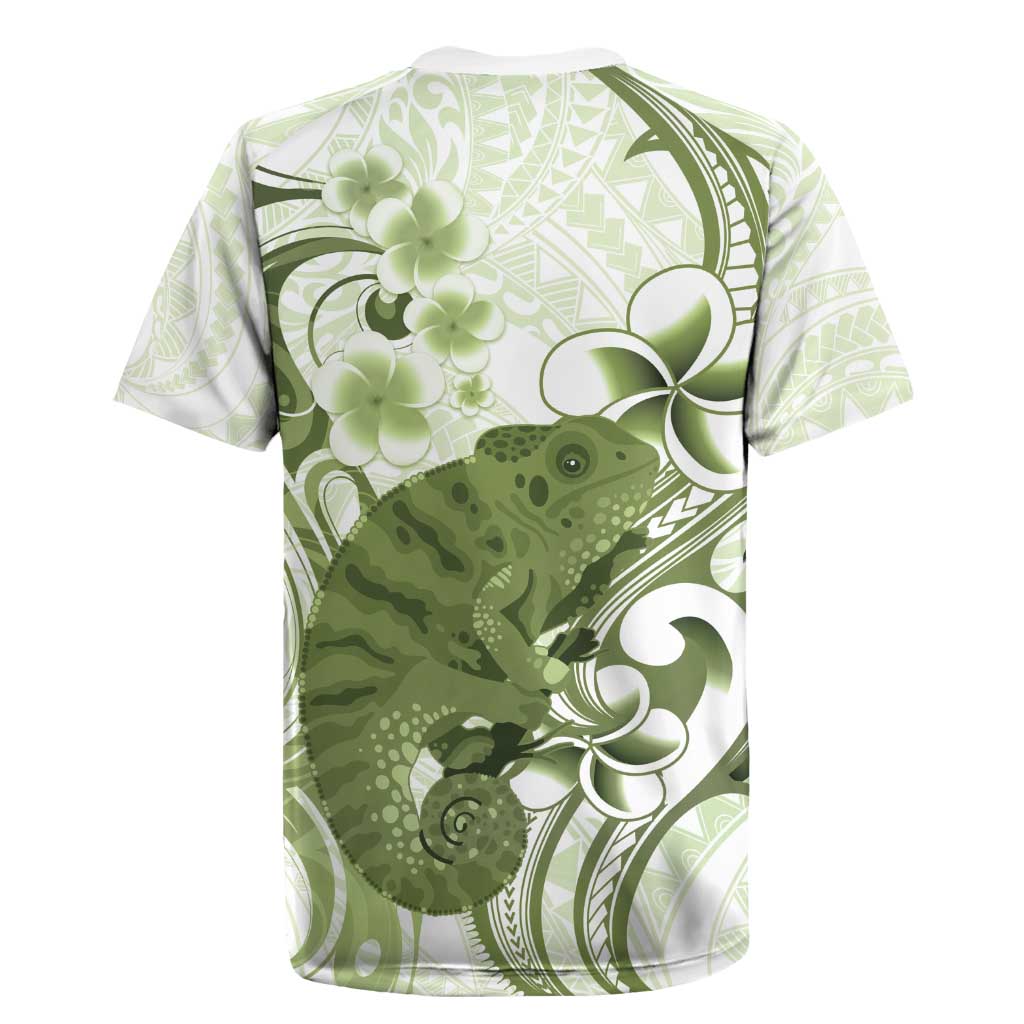 Green And White Hawaii Chameleon Rugby Jersey Plumeria Polynesian Tribal Art