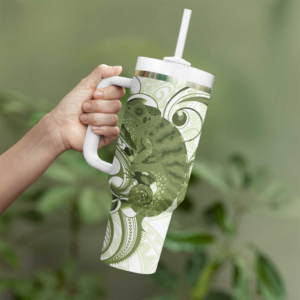 Green And White Hawaii Chameleon Tumbler With Handle Plumeria Polynesian Tribal Art