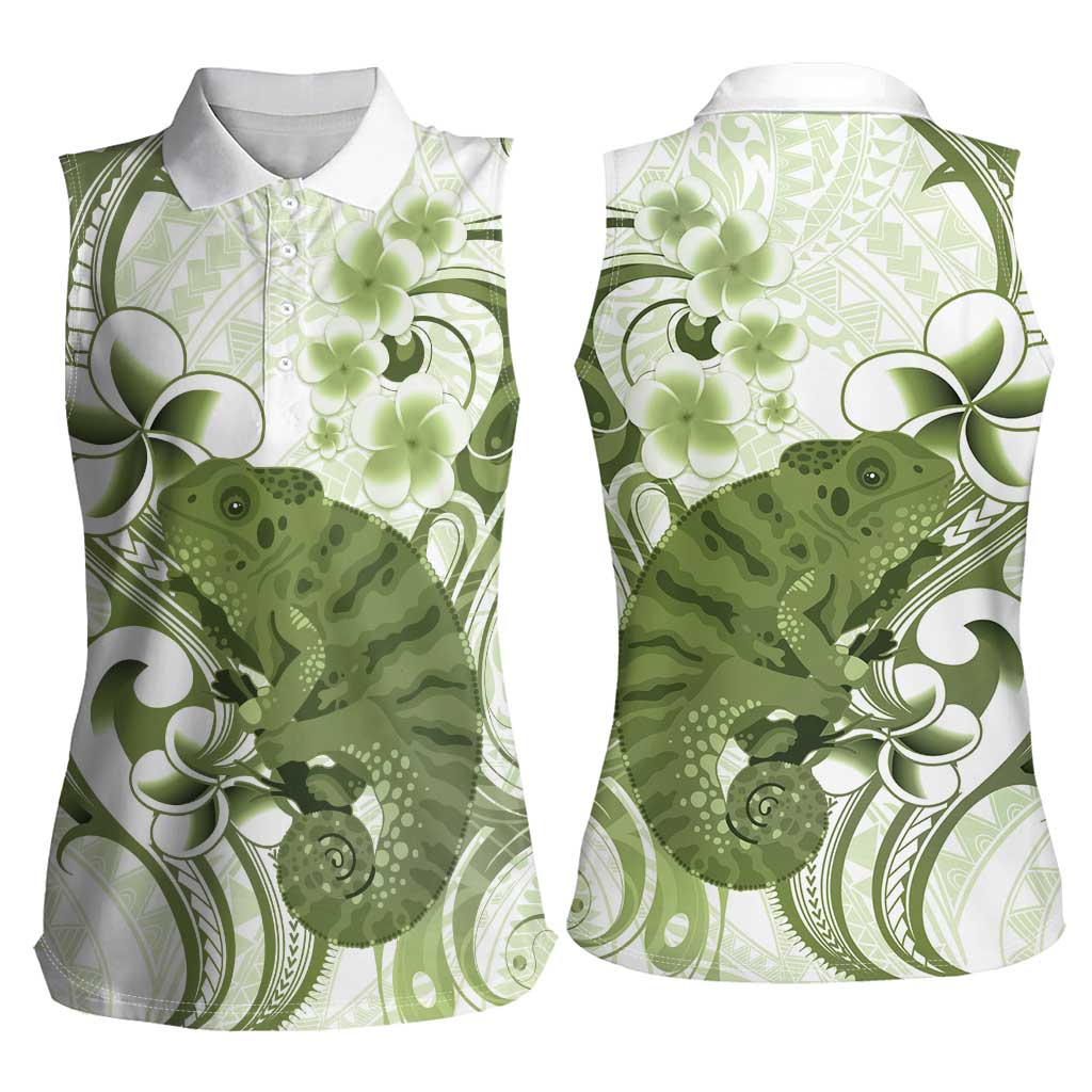 Green And White Hawaii Chameleon Women Sleeveless Polo Shirt Plumeria Polynesian Tribal Art
