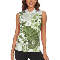 Green And White Hawaii Chameleon Women Sleeveless Polo Shirt Plumeria Polynesian Tribal Art